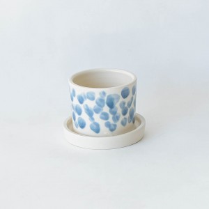 Ceramic Pot with Plate - Prussian blue dots